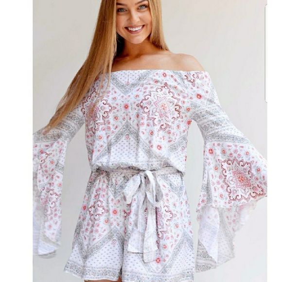 Ebby and I Printed Boho Print White Pink Romper - Picture 1 of 7